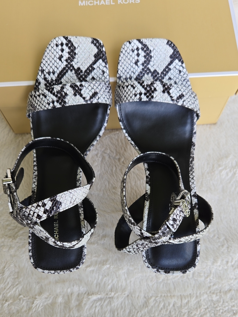 Michael Kors Black and White Snake-Print Block Heel Sandals